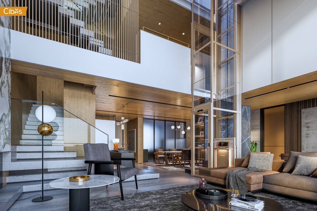 thang máy Cibes Air 2 lắp đặt trong không gian phòng khách sang trọng